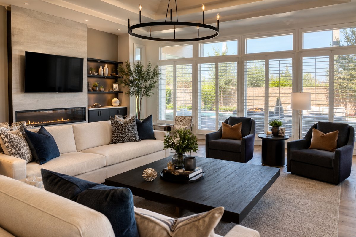 Living room with white plantation shutters
