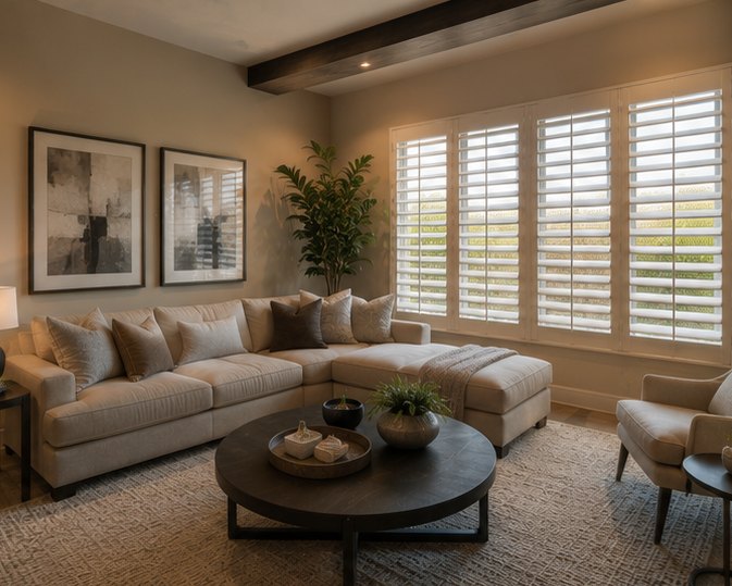 Modern great room with custom shutters