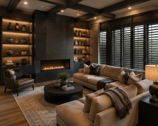 Cozy den with dark plantation shutters